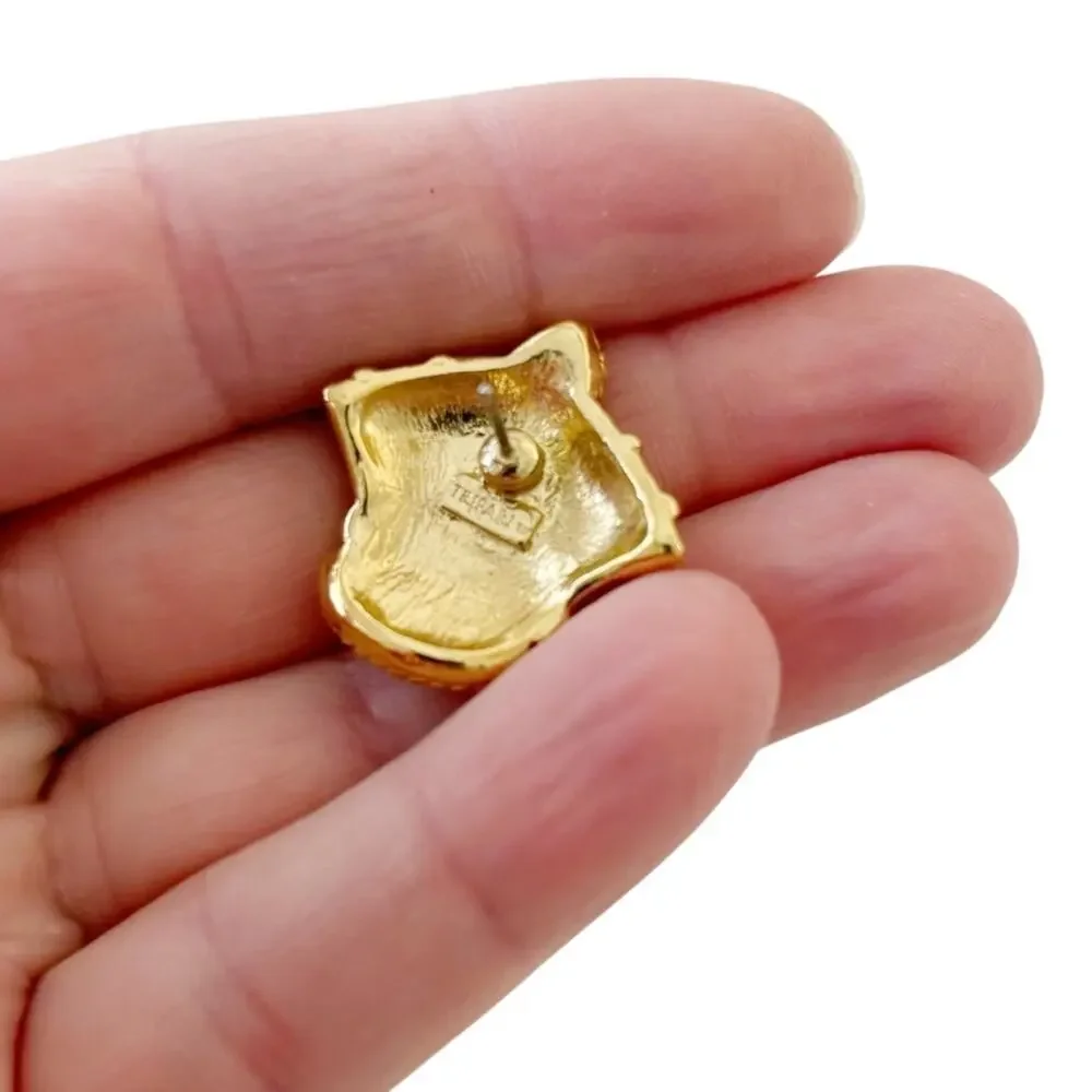 Vintage Trifari Crown Gold Textured Pierced Earrings Signed - Picture 4 of 10